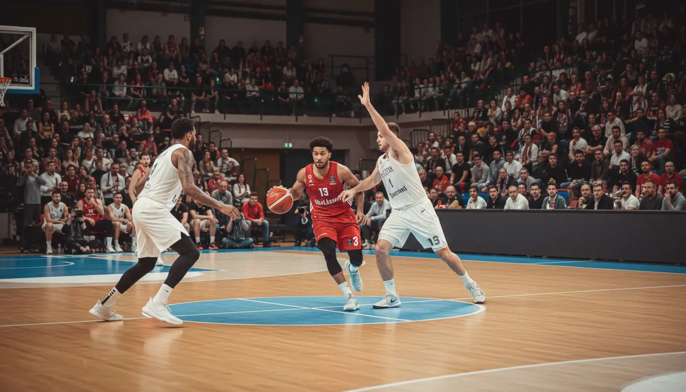 Europäische Basketballarena mit Spielern auf dem Parkett