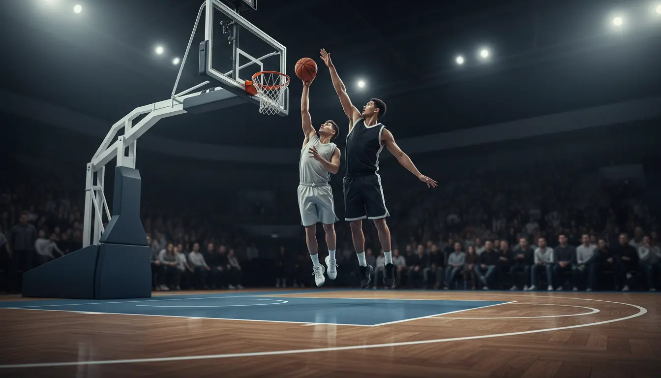 Kleiner Spieler setzt sich gegen einen größeren Verteidiger durch am Korb