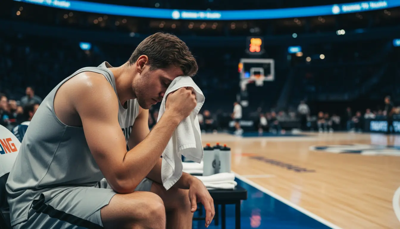 Müder Basketballspieler sitzt auf der Bank und wischt sich Schweiß ab