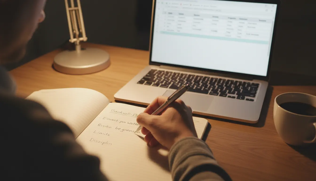Person macht Notizen in einem Notizbuch neben einem Laptop auf einem Schreibtisch