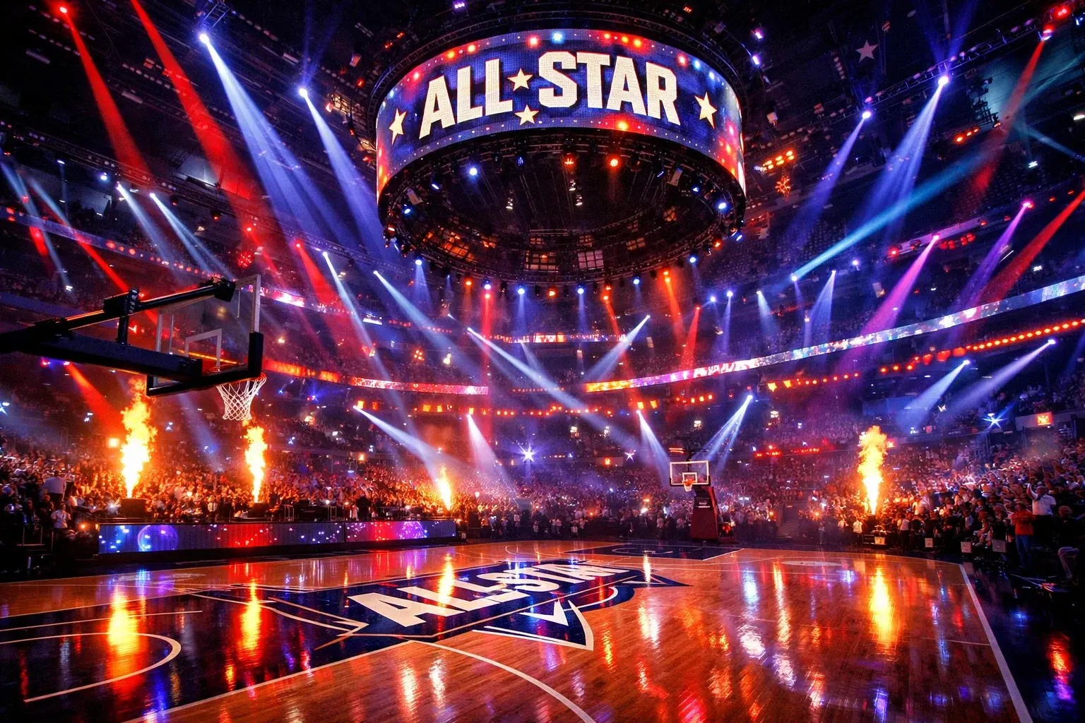 Basketballarena mit bunter Showbeleuchtung während eines All-Star Events