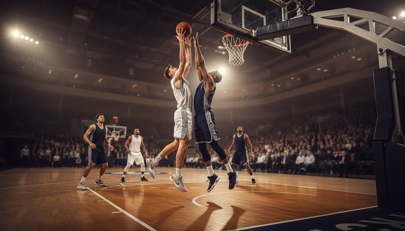 Zwei Basketballteams im Duell unter dem Korb in einer vollen Arena
