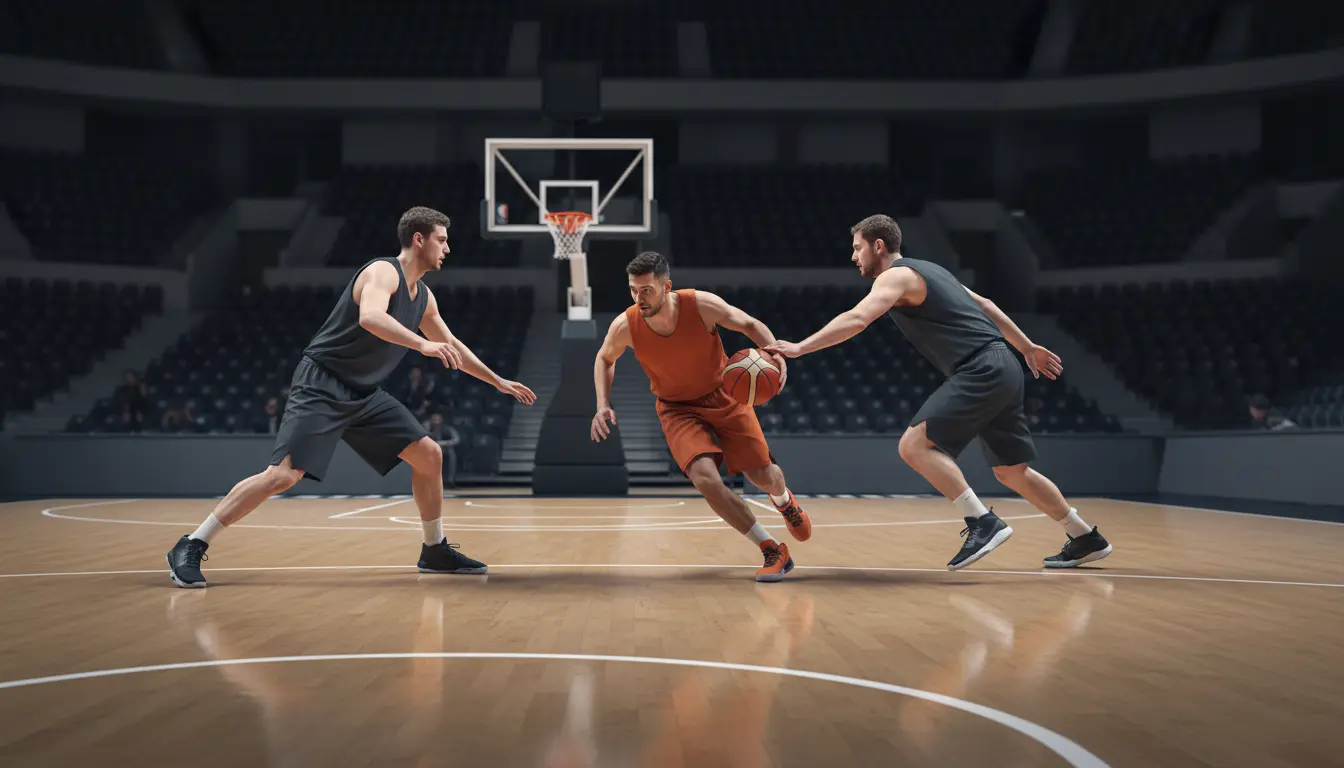 Basketballspieler dribbelt schnell über das Spielfeld in einer dynamischen Spielszene