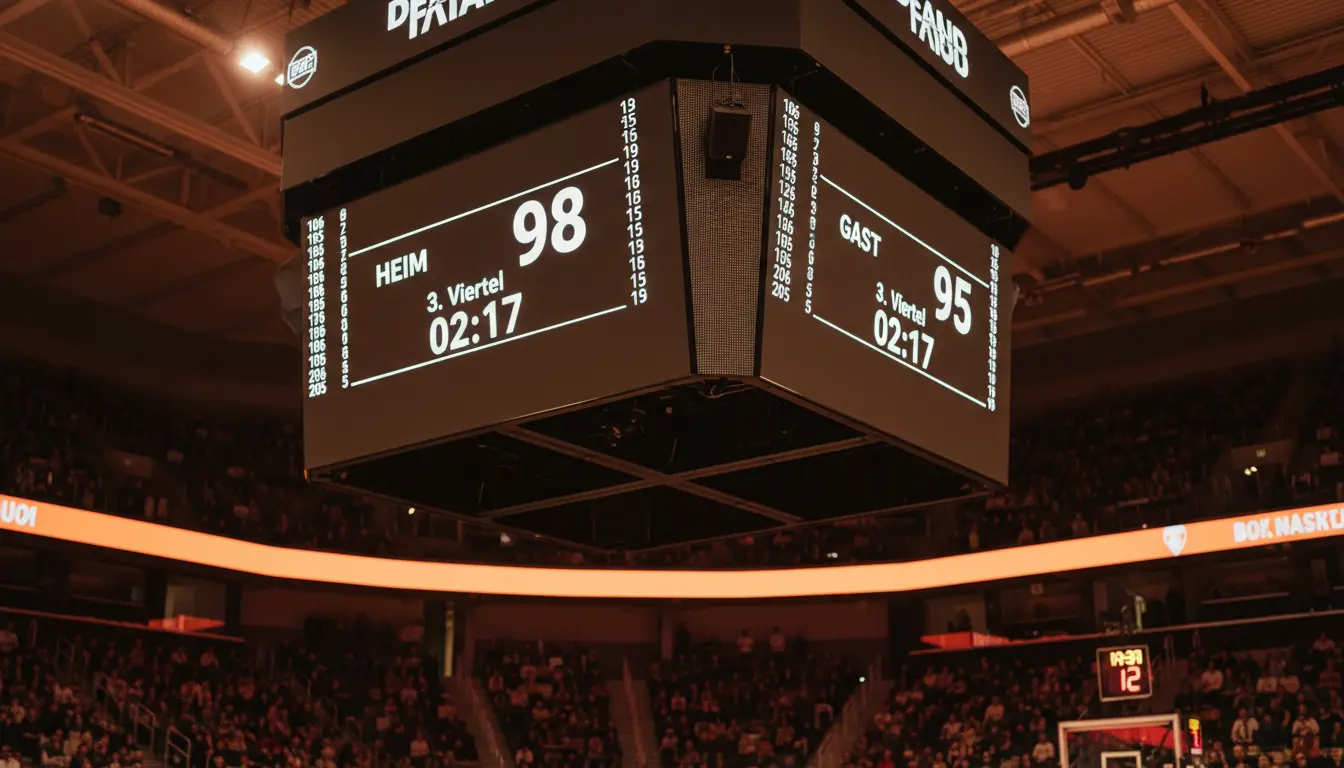 Nahaufnahme einer Anzeigetafel in einer Basketballarena mit Spielstand