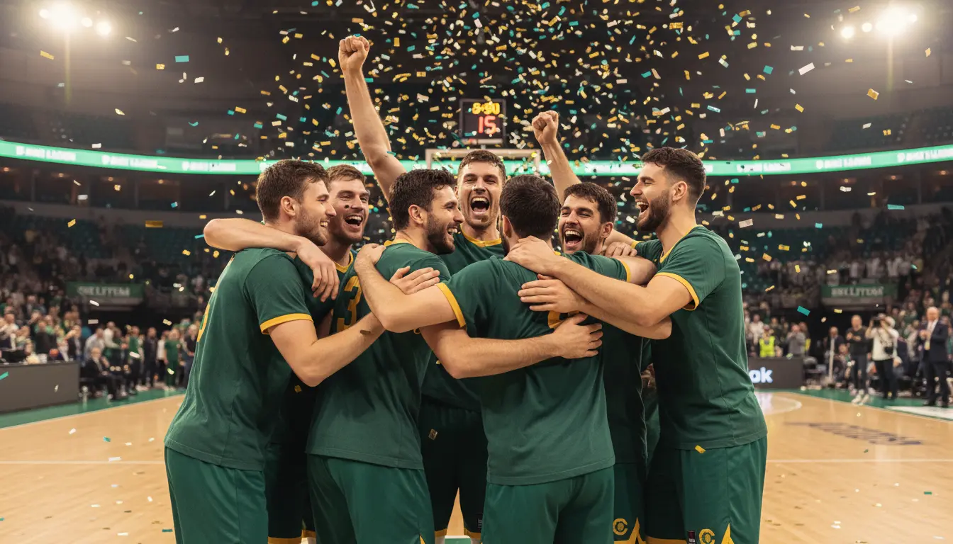 Basketballmannschaft feiert gemeinsam einen Titel mit Konfetti