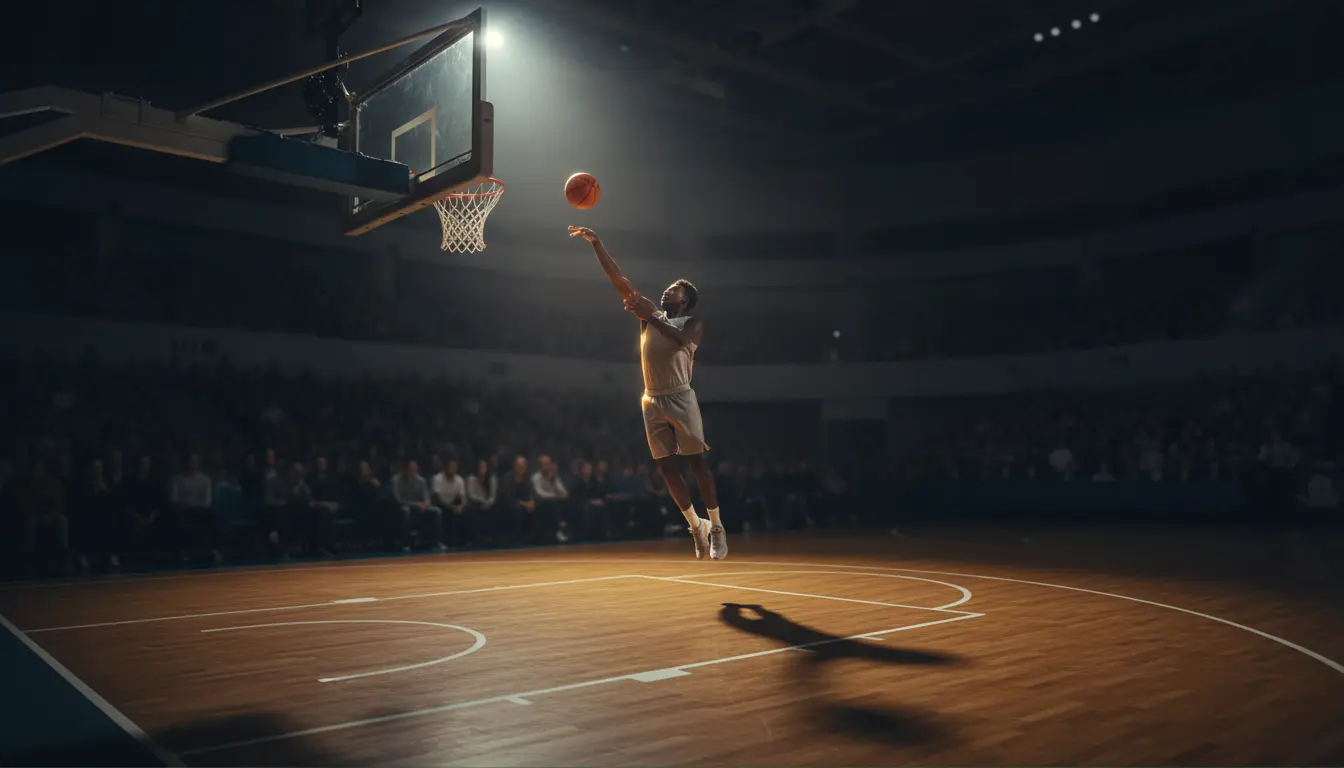 Basketballspieler beim Wurf auf den Korb in einer beleuchteten Halle während eines Spiels