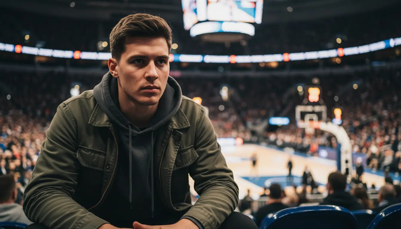 Junger Mann schaut aufmerksam ein Basketballspiel in einer Arena