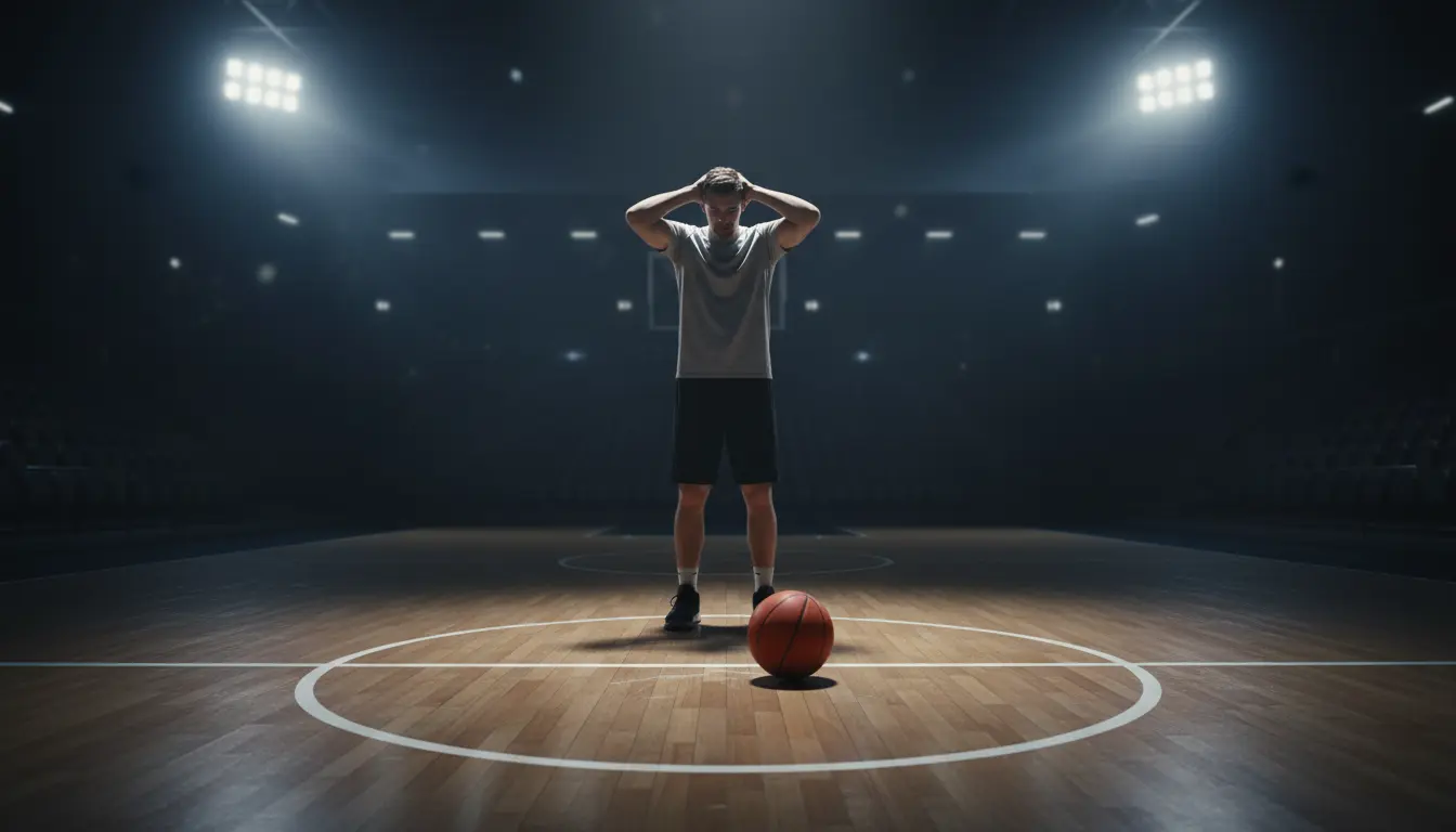 Basketballspieler hält sich frustriert den Kopf nach einem Fehlwurf