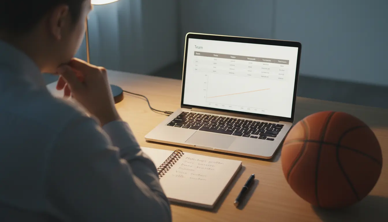 Basketball Wetten Strategie — Analyst studiert Spielstatistiken am Schreibtisch