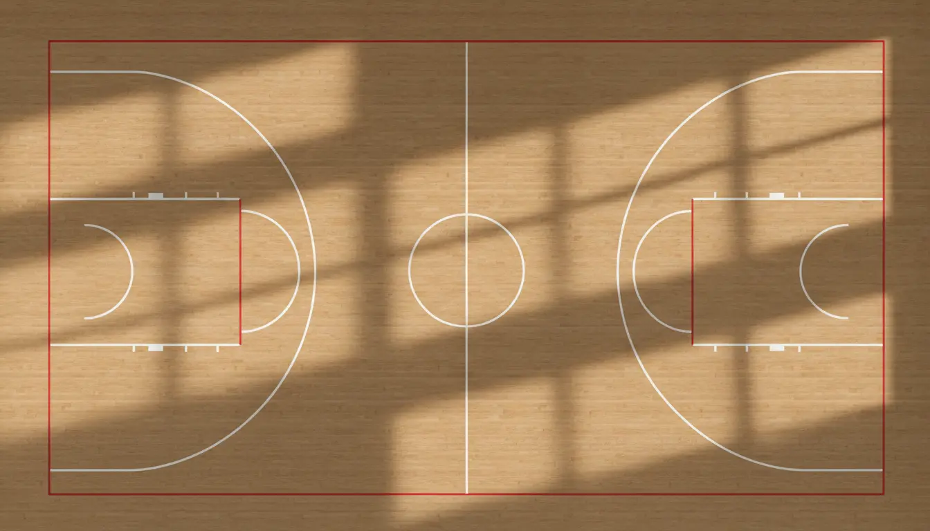 Basketballfeld mit markierter Dreipunktlinie aus der Vogelperspektive