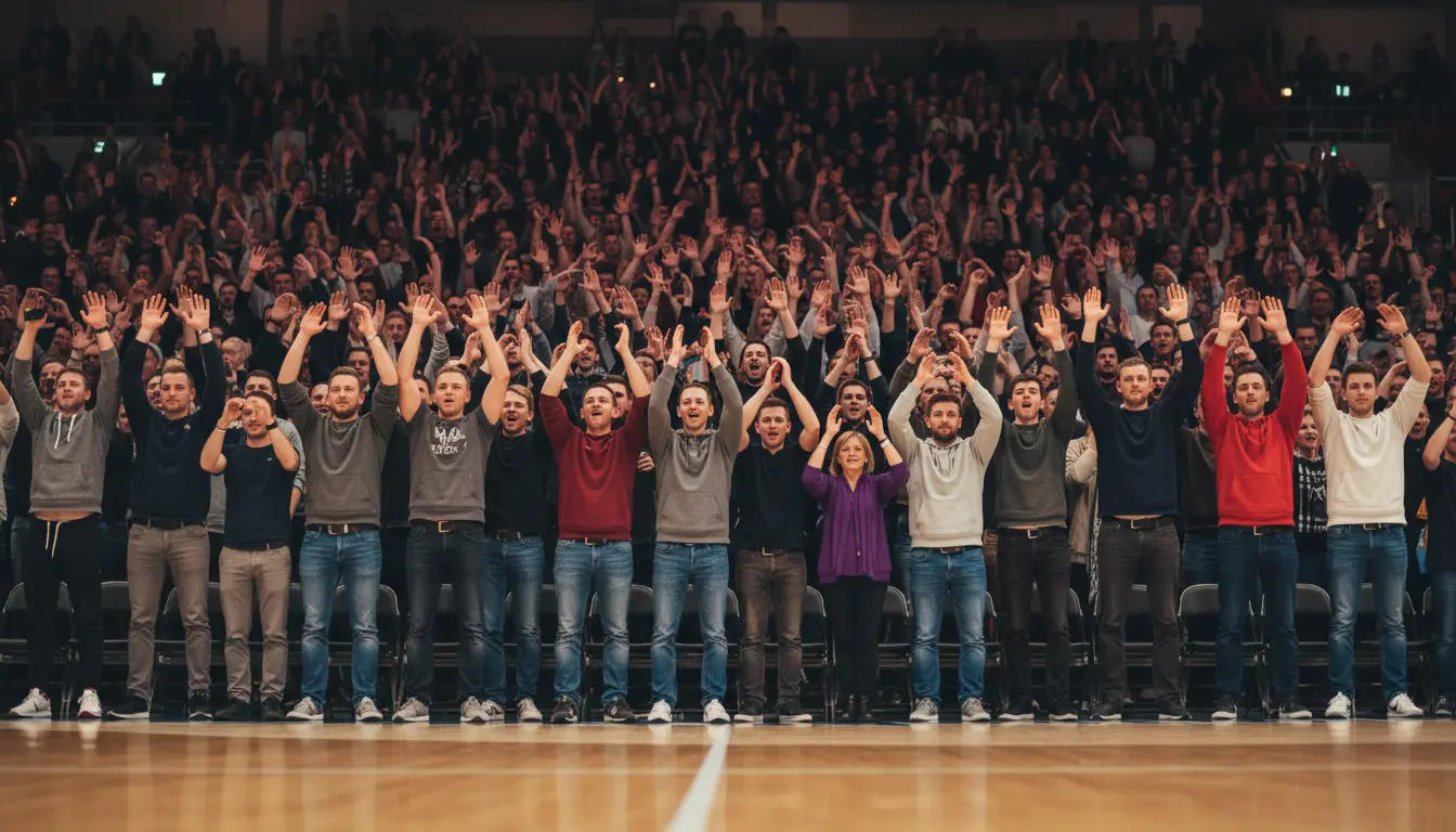 Begeisterte Fans jubeln in einer vollen Basketballarena