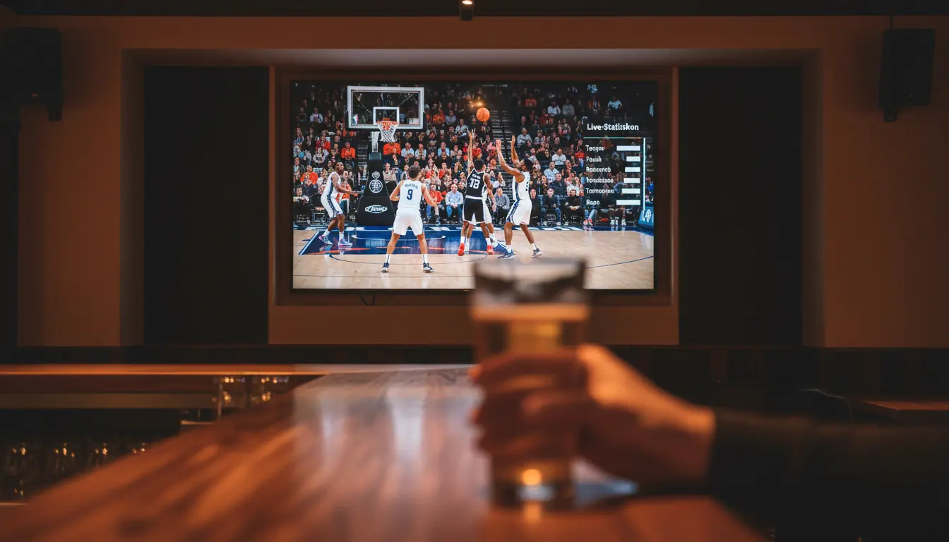 Basketballspiel auf einem großen Bildschirm in einer Sportsbar