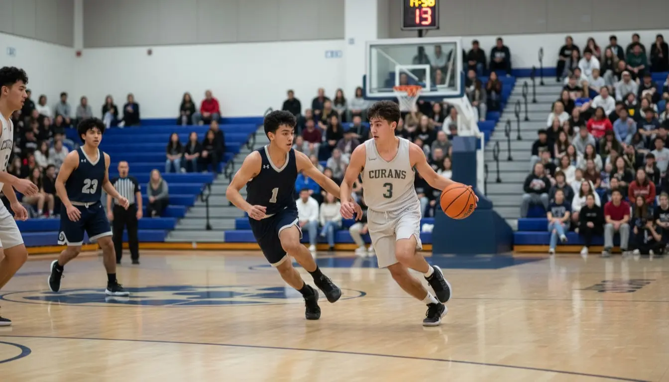 Collegespieler kämpfen in einem engen Basketballspiel auf dem Spielfeld