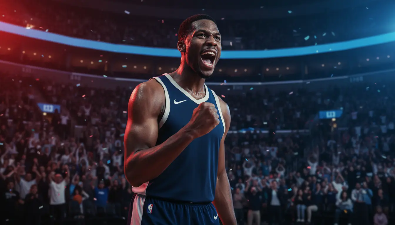 Basketballspieler feiert mit geballter Faust in einer Playoff-Atmosphäre