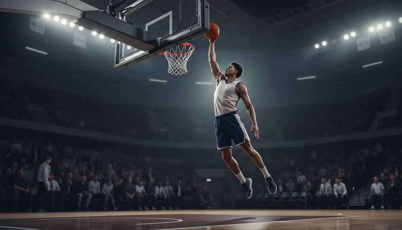 Basketballspieler setzt zum Dunk an in einer beleuchteten Arena