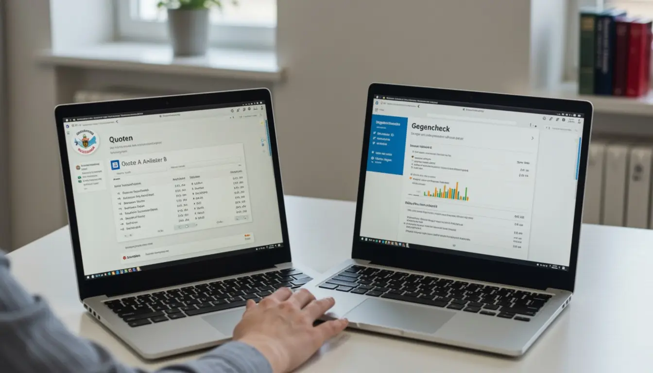 Zwei geöffnete Laptops nebeneinander auf einem Schreibtisch zeigen verschiedene Bildschirme
