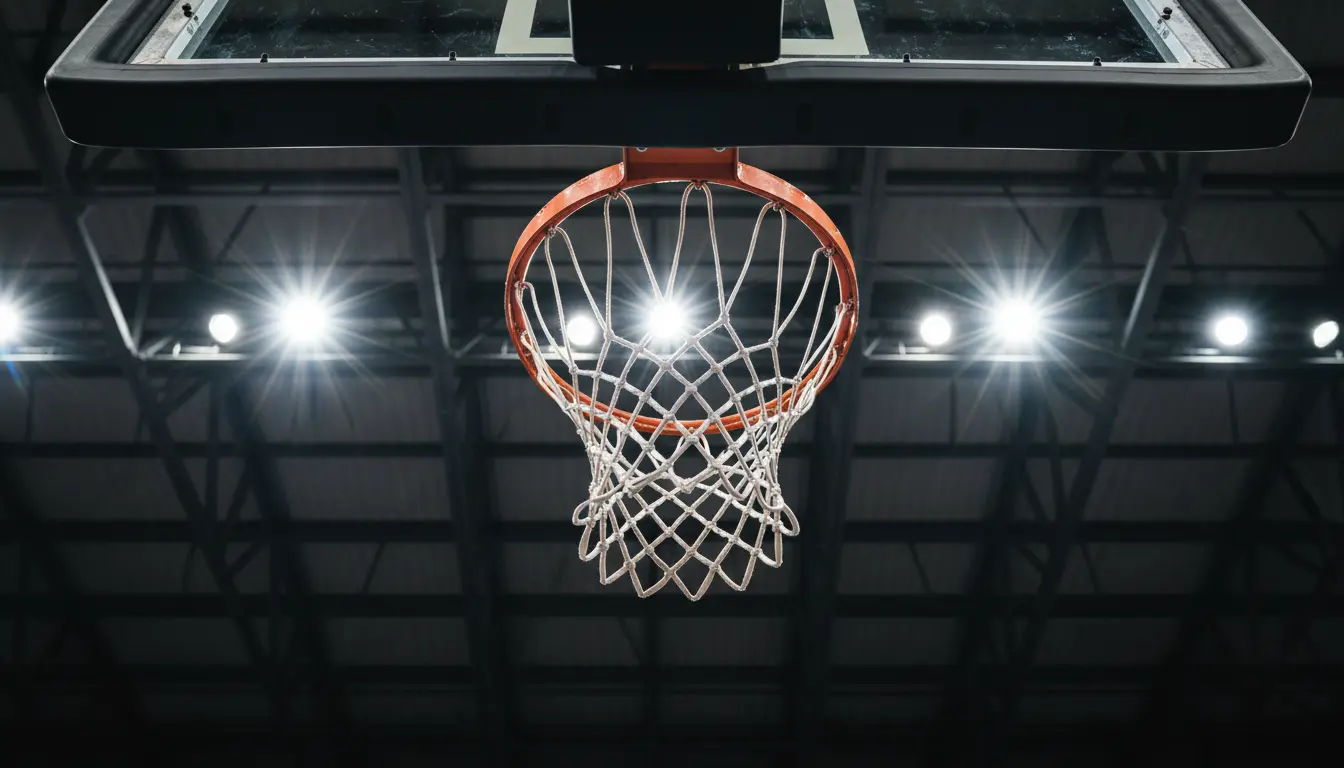 Basketballkorb von unten fotografiert mit Blick durch das Netz nach oben