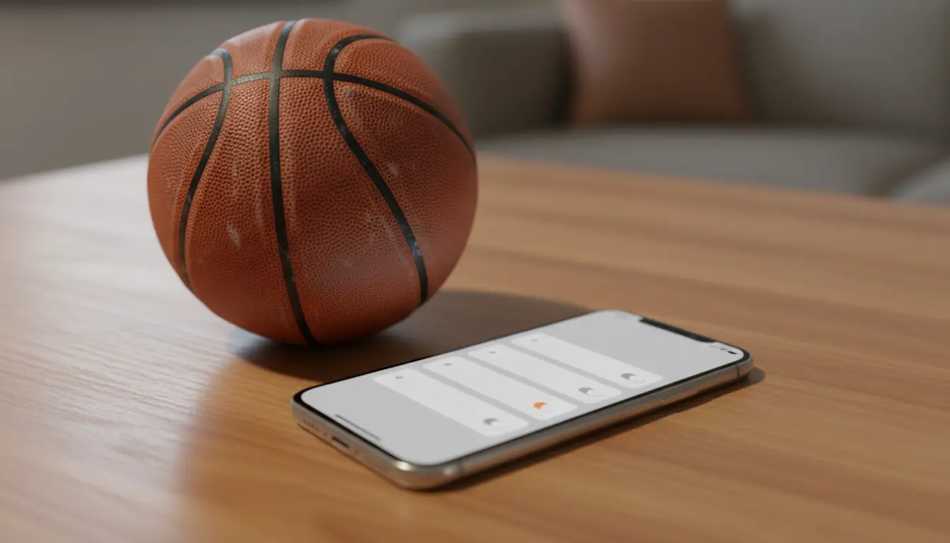 Smartphone auf einem Tisch neben einem Basketball zeigt eine Wett-App